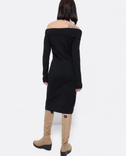 Vestido Midi Escote Drapeado Punto Negro