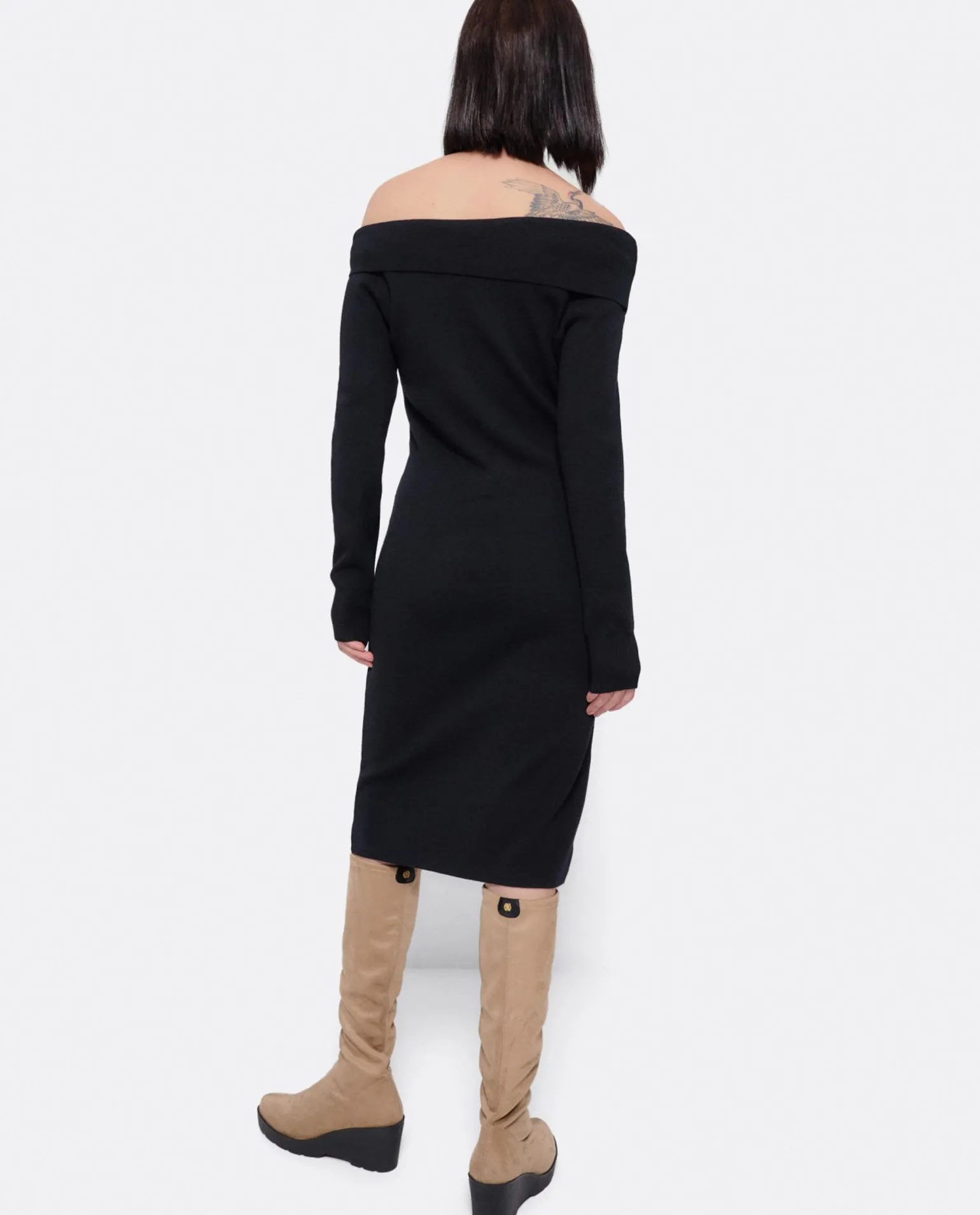 Vestido Midi Escote Drapeado Punto Negro