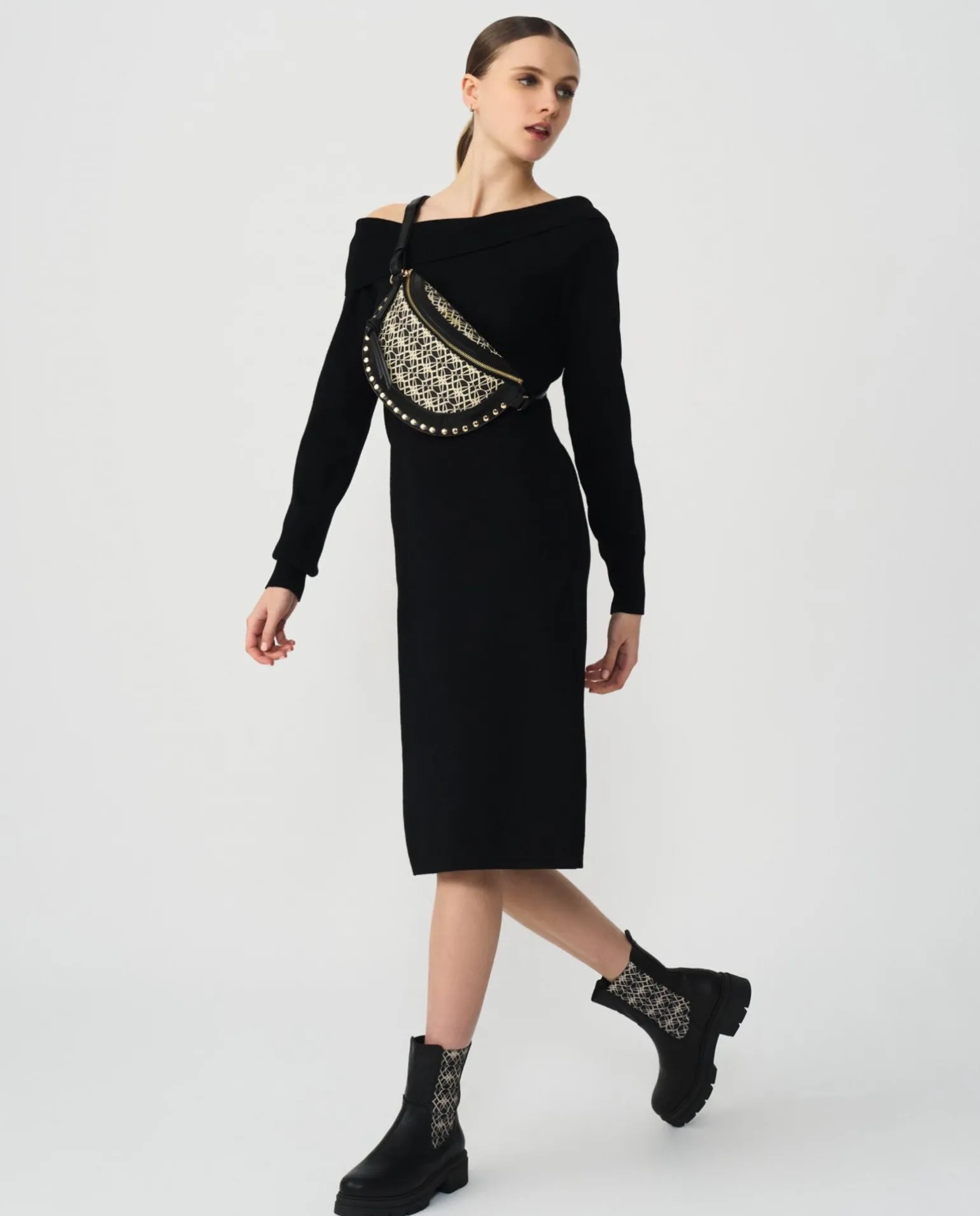 Vestido Midi Escote Drapeado Punto Negro