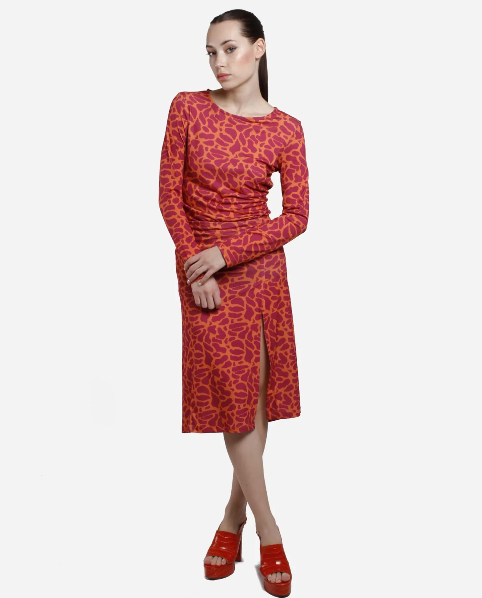 Vestido Midi Fruncido Punto Estampado Jirafa