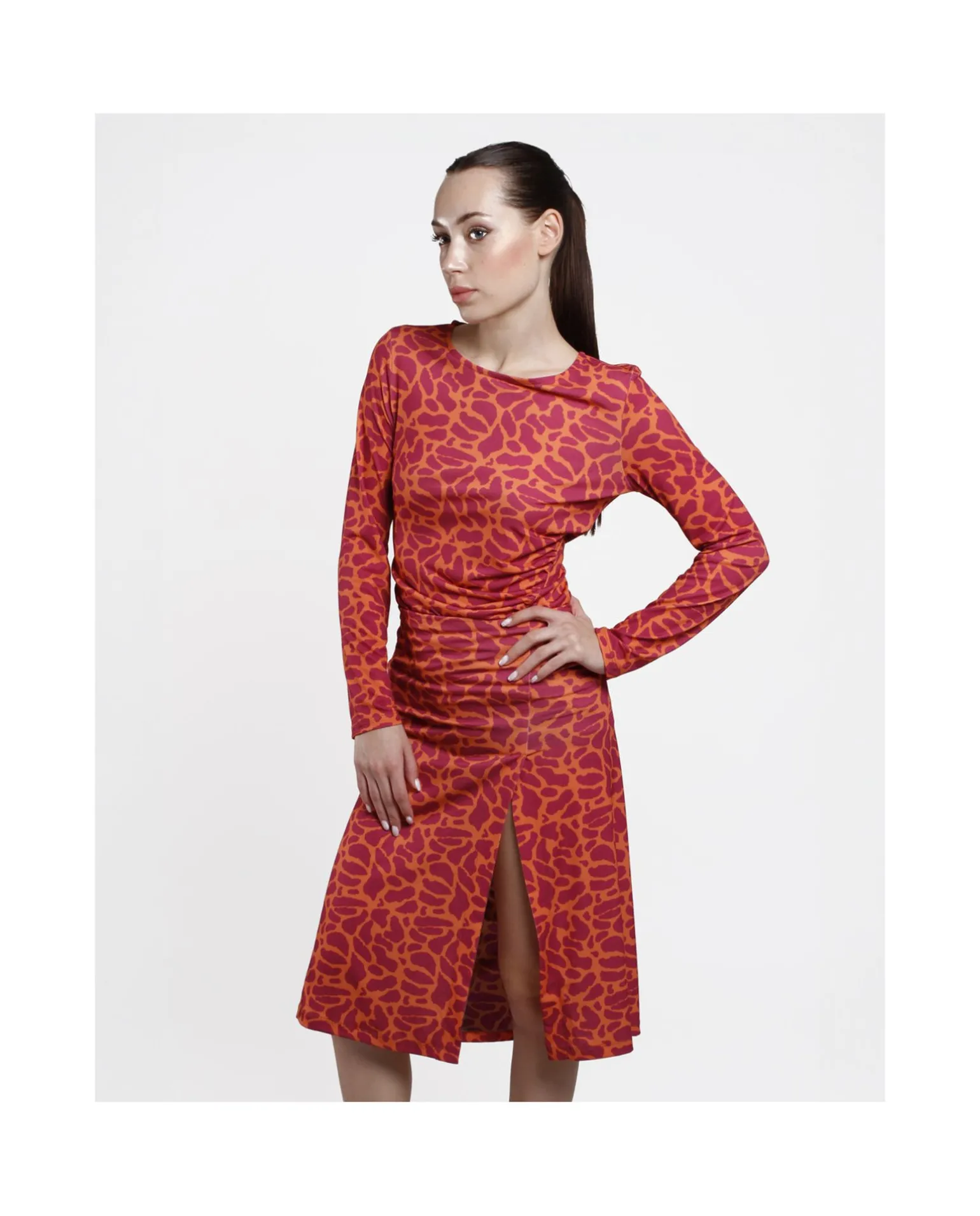 Vestido Midi Fruncido Punto Estampado Jirafa