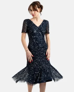 Vestido Midi Volante Lentejuelas Marino