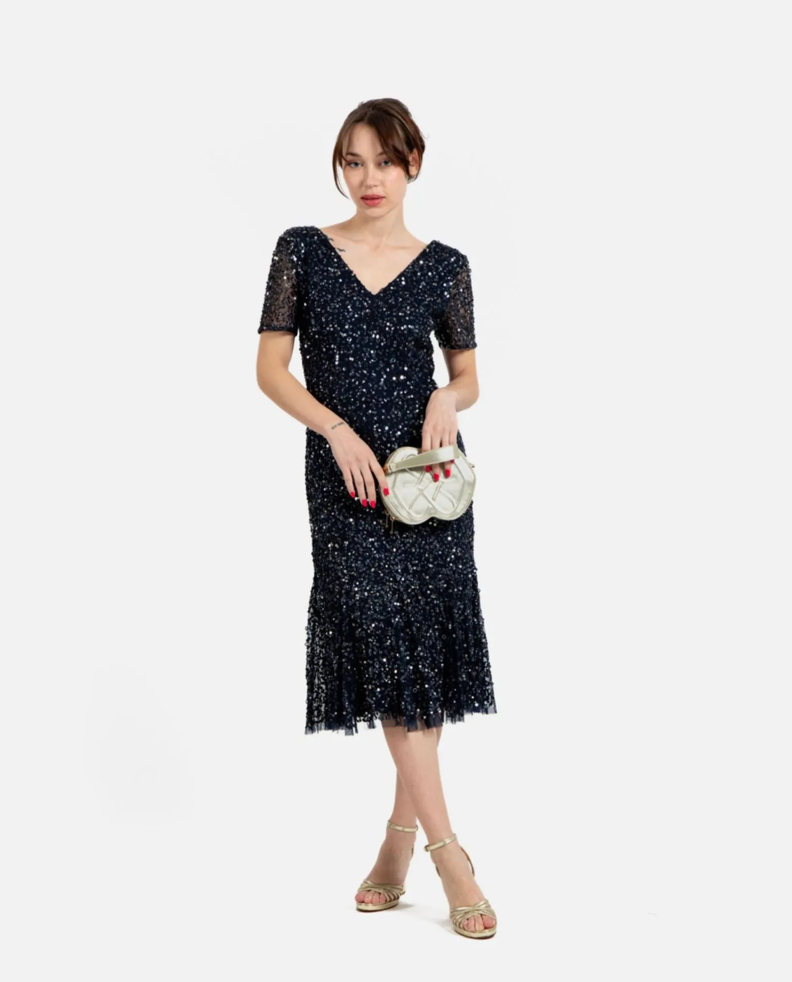 Vestido Midi Volante Lentejuelas Marino