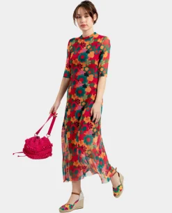 Vestido Tul Manga Corta Tul Estampado Flores