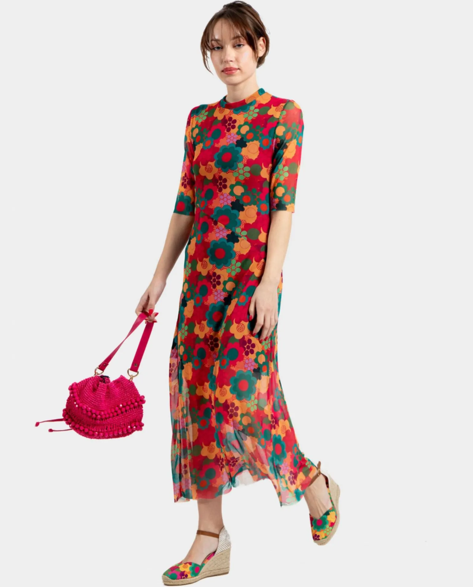 Vestido Tul Manga Corta Tul Estampado Flores