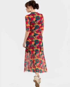 Vestido Tul Manga Corta Tul Estampado Flores